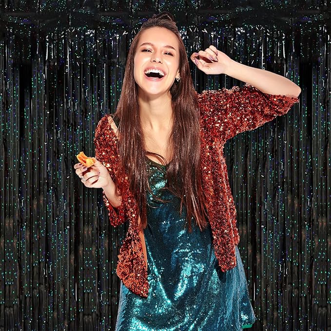 2 Pack Laser Black Tinsel Foil Fringe Curtains, Metallic Tinsel Party Streamers - Image 7