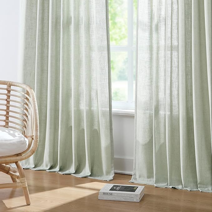 Vision Home Soft Green Pinch Pleated Semi Sheer Curtains Textured Linen Blended - Image 2