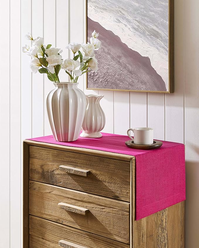 ZeeMart Linen Textured Border Table Runner, 14 x 36 Inch Hot Pink, Farmhouse - Image 2