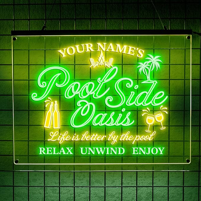 Personalized Pool Side Oasis Neon Sign, CustomLED Name Light by LULMicaLedSign