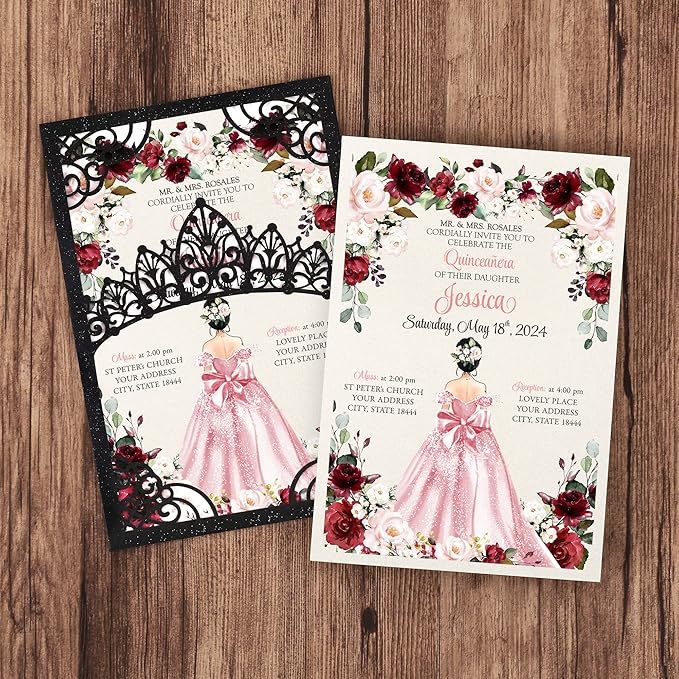 50Pcs Pink Crown Invitations for Quinceanera, 15 year, Sweet 16, Miss XV - Image 2