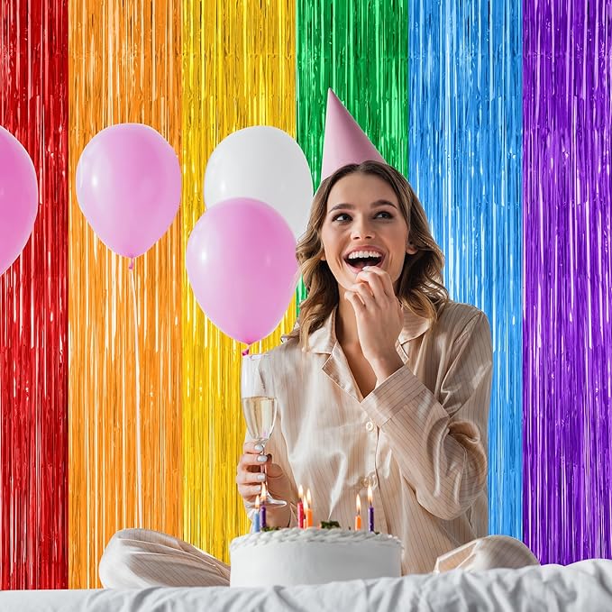 8 Pack Rainbow Backdrop, 3.28 FT x 7.05 FT Backdrop Curtains, Metallic Fringe - Image 6