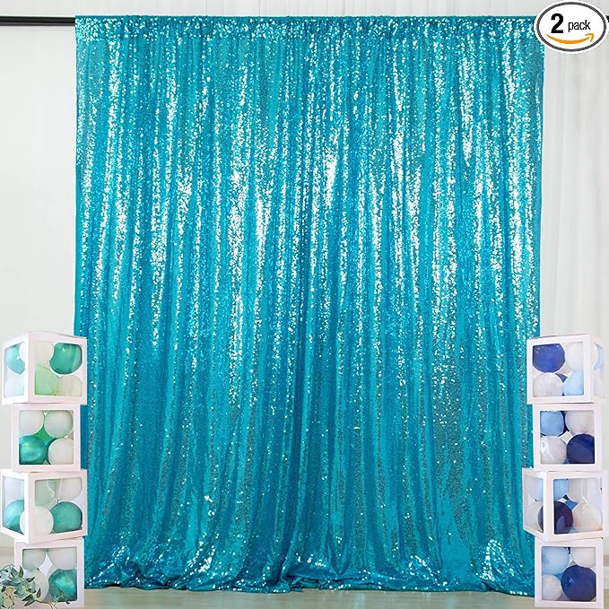ShinyBeauty Turquoise Sequin Backdrop Curtain | 2 Panels 5Ft x 10Ft Glitter by ShinyBeauty