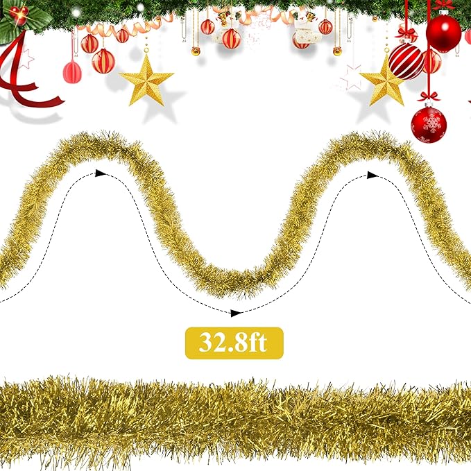 32.8 Ft Gold Christmas Tinsel Garland Metallic Shiny Tassle Banner Wall Hanging - Image 2