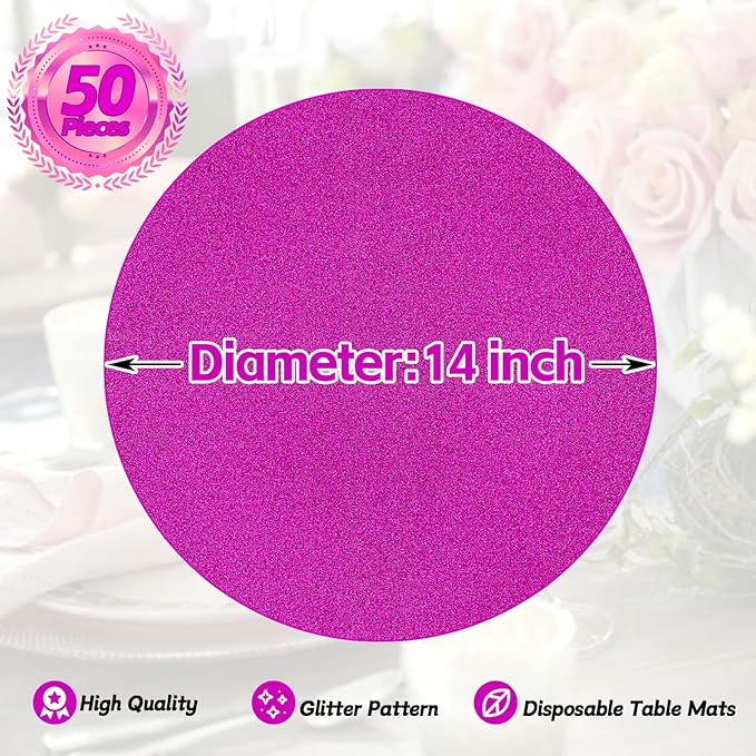 50 Pieces Hot Pink Glitter Paper Place Mats Sparkle 14'' Round Disposable Table - Image 2
