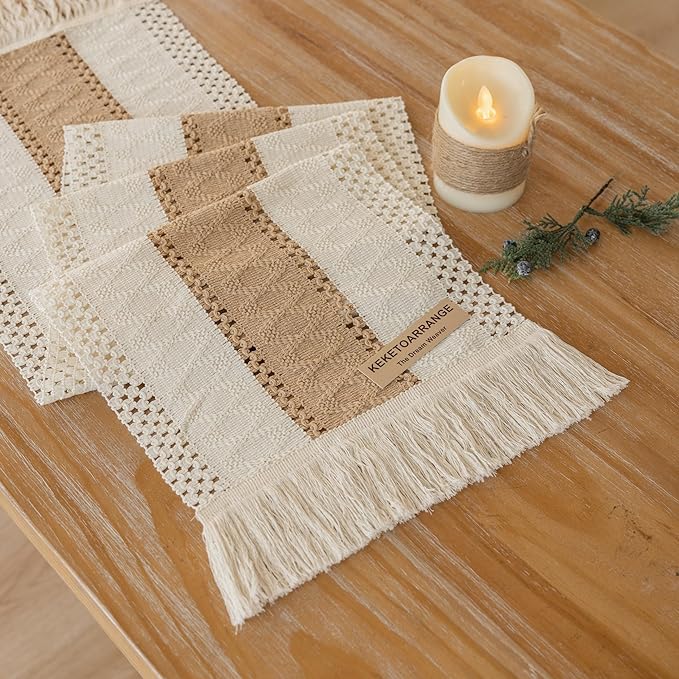 Boho Table Runner Cream Beige Brown - Image 2