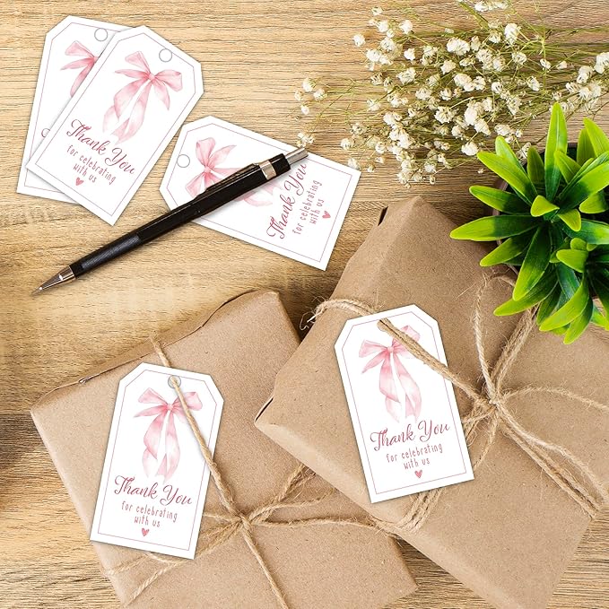 Thank You Label with String, 2x3.5 Inch Pink Bow Gift Tags, Thank You - Image 3