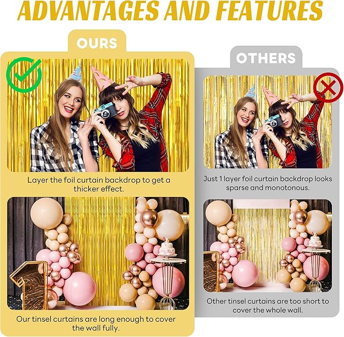 BTSD-home Gold Foil Fringe Curtain, Metallic Photo Booth Backdrop Tinsel Door - Image 4
