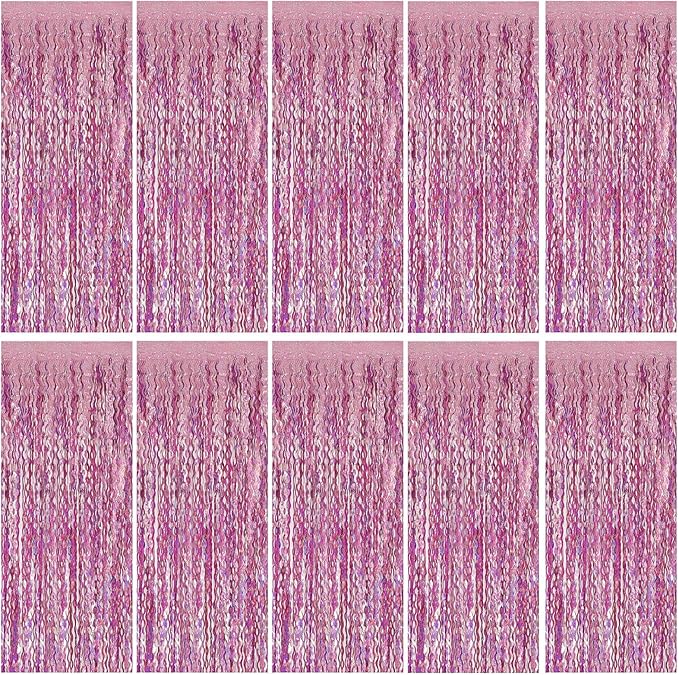 Pink Tinsel Foil Fringe Curtains Wavy Backdrop by BOMSI