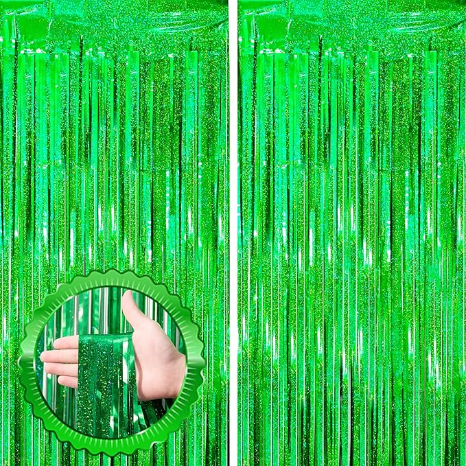 2 Pack Laser Green Tinsel Foil Fringe Curtains, Metallic Tinsel Party Streamers by Voircoloria