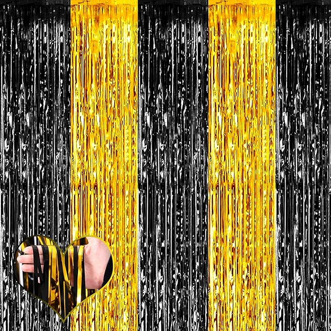 4 Pack 3.2Ft x 6.6Ft Black and Gold Fringe Curtain Backdrop, Metallic Tinsel by Mebiornt