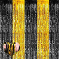 4 Pack 3.2Ft x 6.6Ft Black and Gold Fringe Curtain Backdrop, Metallic Tinsel by Mebiornt