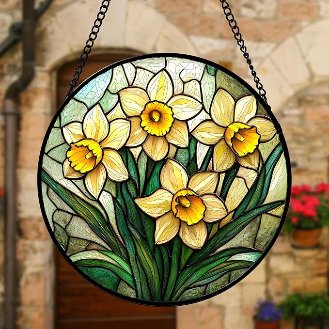 Stained Glass Window Hanging, Daffodil Plant Flowers Sun Catchers Diamond Glass - Image 5