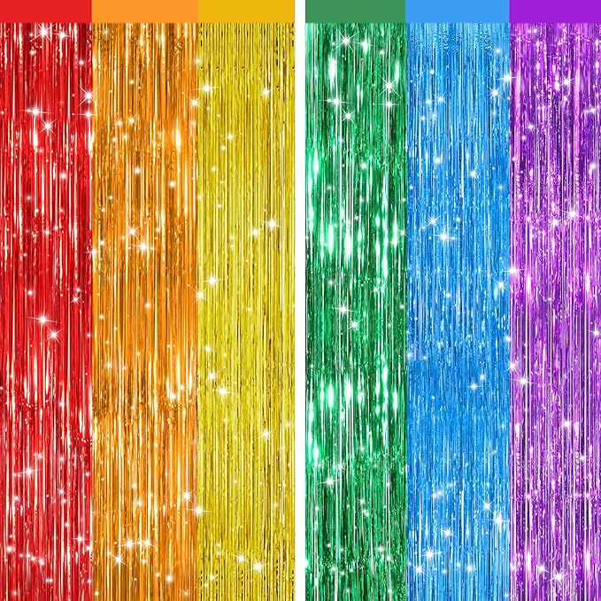 2Pack Rainbow Foil Fringe Curtains Backdrop Decorations, Rainbow Metallic by GCBPartyDecorations