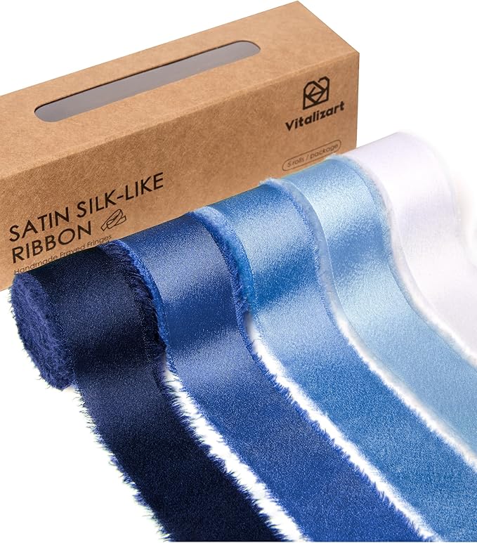 Vitalizart Silk Like Satin Ribbon 1 inch x 25 Yard Blue & White Handmade Frayed by Vitalizart