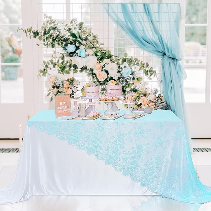 LuoluoHouse Lace Tablecloths Blue Chic Table Fabric 2pcs 60x120 Inch - Image 2