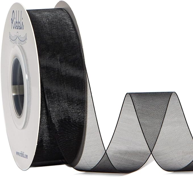 Ribbli Black Sheer Organza Ribbon, 1 Inches x Continuous 50 Yard Use by Ribbli