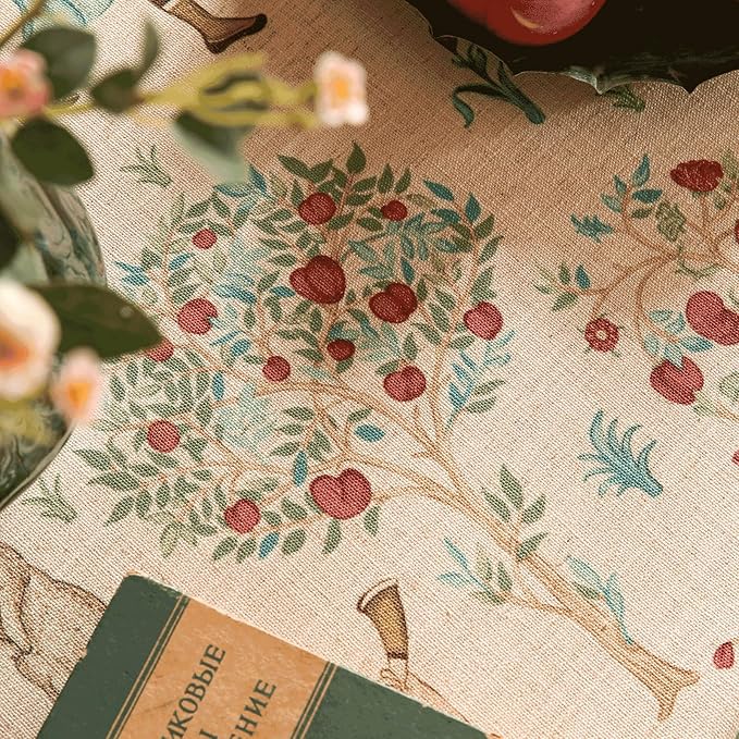 patdrea Designer Italian Beige Rectangle Tablecloth, Vintage Linen Trees - Image 3