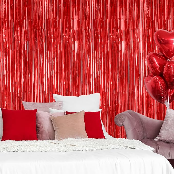2 Pack Red Tinsel Backdrop, 3.28 FT x 7.05 FT Fringe Curtains, Wedding Photo - Image 7
