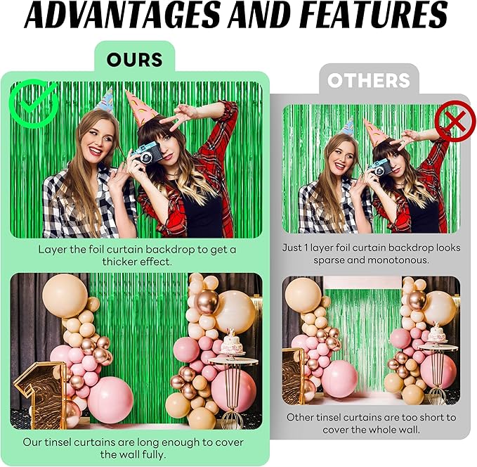 BTSD-home 10 Pack Green Foil Fringe Curtain, Metallic Photo Booth Backdrop - Image 5