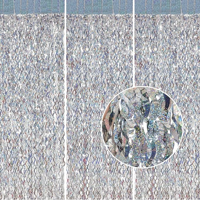 Silver Tinsel Backdrop- CYLMFC 3 Pack 3.3 ft x 6.6 ft Streamer Foil Fringe by CYLMFC