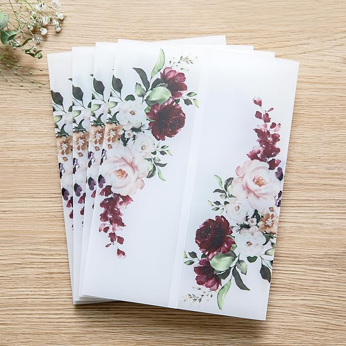 PONATIA 50 PCS Vellum Jackets for 5x7 Invitations- 135gsm Burgundy Floral - Image 2