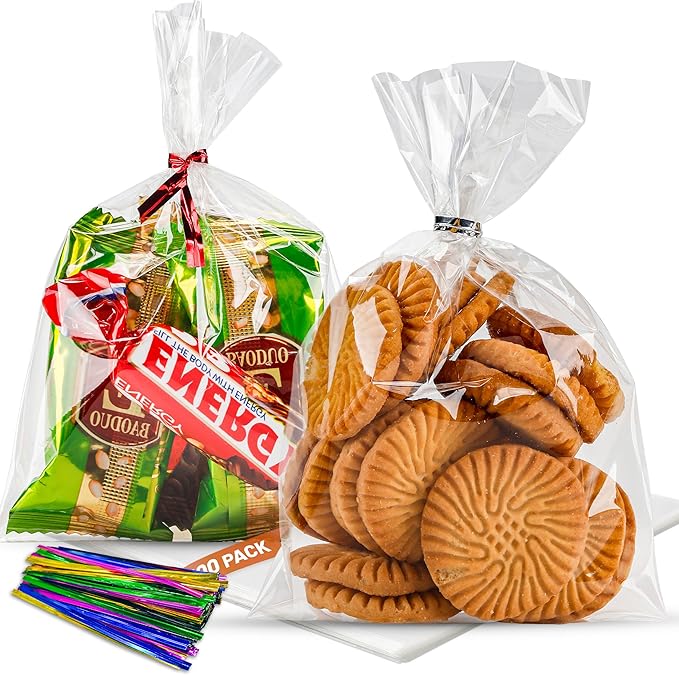 NPLUX 100 Pack Cellophane Bags Small Plastic Cookie Bag Clear Treat Bags by NPLUX