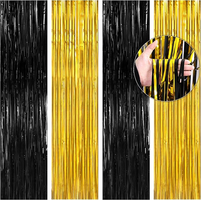 BTSD-home 4 Pack Black Gold Metallic Foil Fringe Curtain Tinsel Streamer Party by BTSD-home