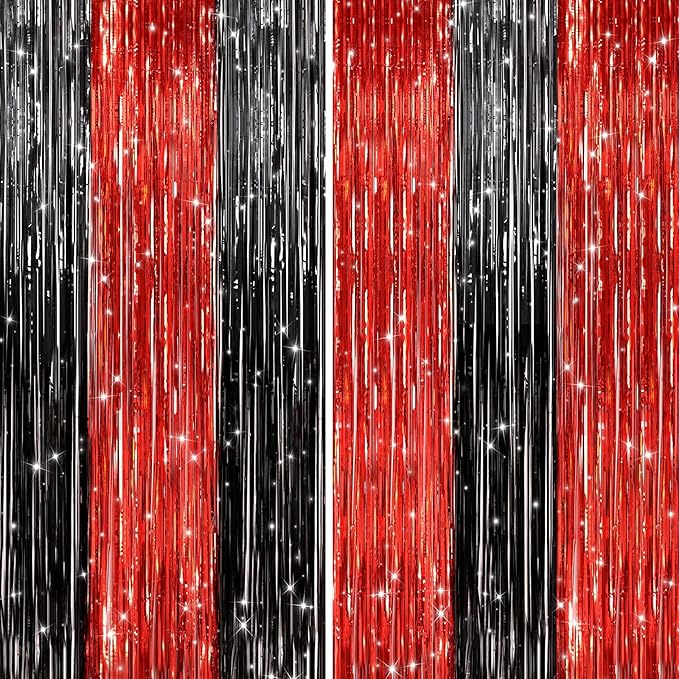 2 Pack Black and Red Foil Fringe Curtains Party Decorations, Tinsel Curtain - Image 7