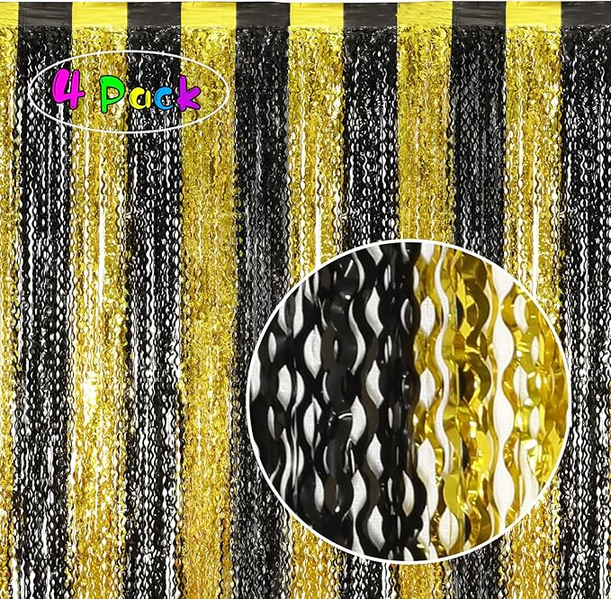 4 Pack Black and Gold Wavy Foil Fringe Curtains Pirthday Decorations, 3.3 ft x - Image 2