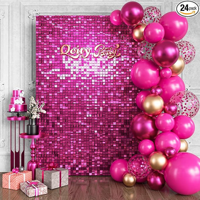 Qcity Hot Pink Shimmer Wall Backdrop 24PCS, Square Sequin Glitter Backdrop Panel by QCITY