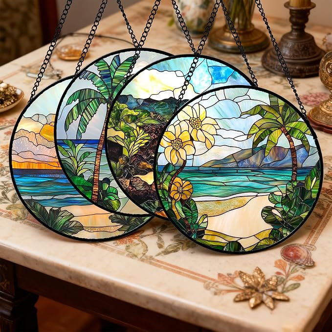 Stained Glass Window Hanging 4 Pcs Set Blue Ocean Coconut Tree Scenery 6.3" - Image 2