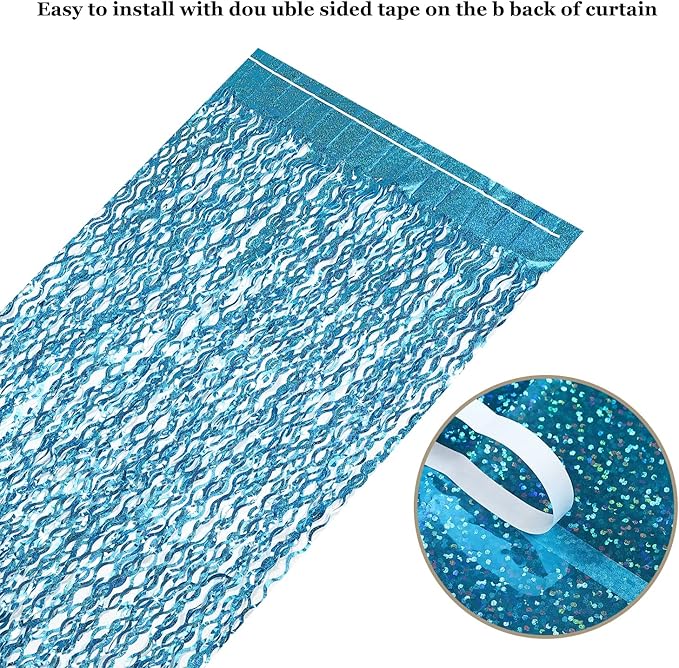 3 Pack 3.3 ft x 6.6 ft Teal Foil Fringe Curtains - Image 4
