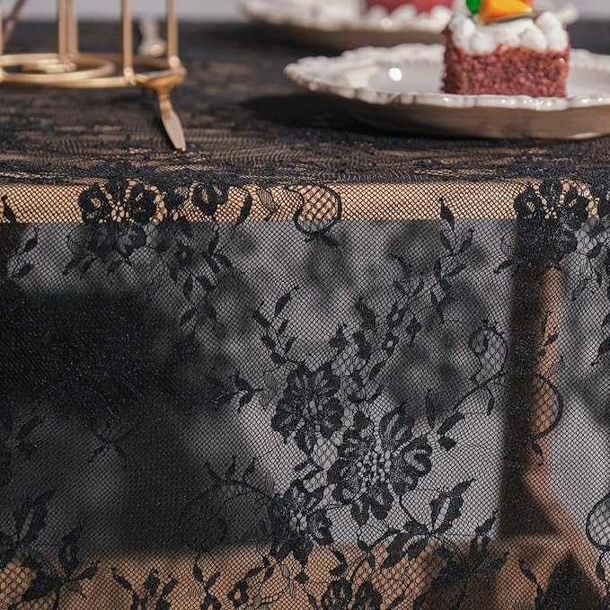 TINWIN Rectangle Lace Tablecloth 60x120 Inch Black Vintage Runner Eyelash Fabric - Image 7