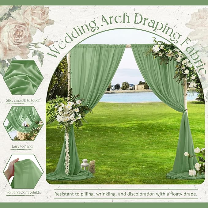 VACVELT Wedding Arch Draping Fabric Sage Green Chiffon, 2 Panels Sheer Drapes - Image 4
