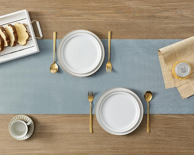 ZeeMart Linen Textured Border Table Runner, 14 x 108 Inch Blue, Farmhouse Style - Image 4