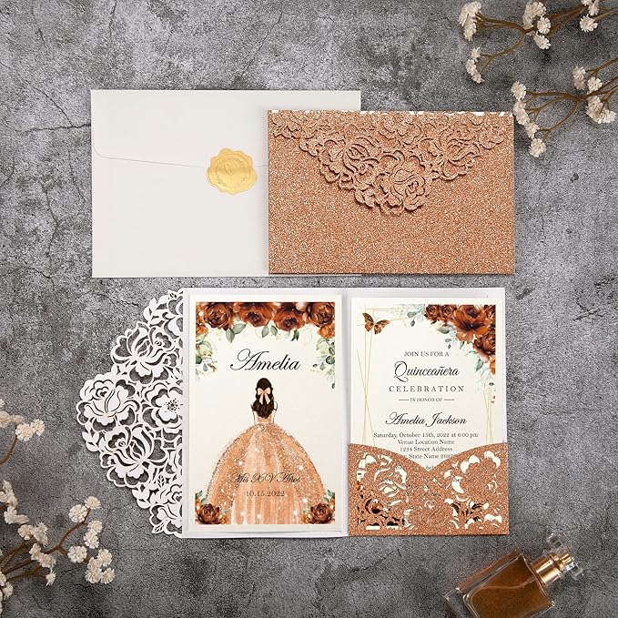 DORIS HOME 50pcs Laser Cut Quinceanera Invitations Terracotta Glitter, 4.7x7.1 - Image 2