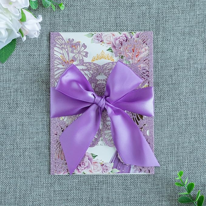 20 PCS 5.12x7.2 Butterfly Quinceanera Invitation, Laser Cut Wedding Invitation by FEIYI