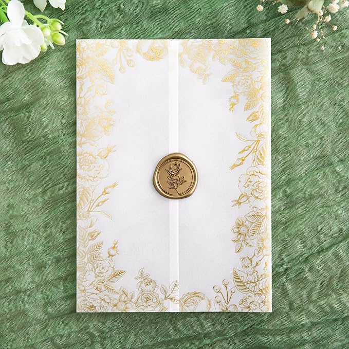 PONATIA 50 PCS Vellum Jackets for 5x7 Invitations- 135gsm Gold Foil Print - Image 3