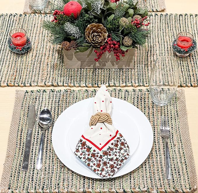 Chardin Home Natural Jute & Green Placemats, 13x19 Inch Dining Table Placemats - Image 7