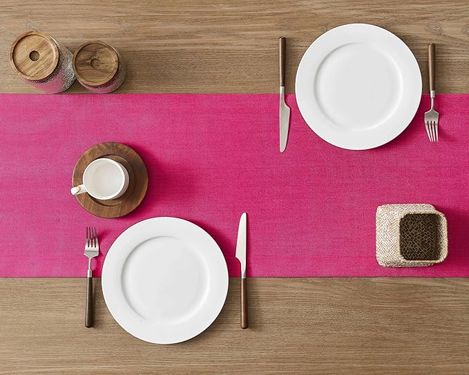 ZeeMart Linen Textured Border Table Runner, 14 x 48 Inch Hot Pink, Farmhouse - Image 4