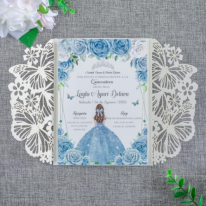 20 PCS 5.12x7.2 Butterfly Personalized Quinceanera Invitation, Customized XV - Image 3