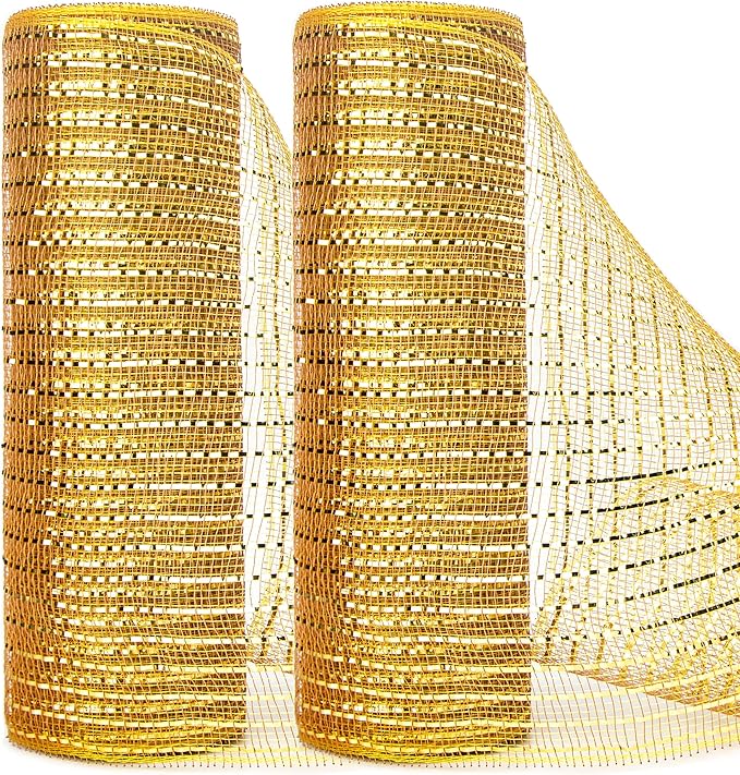 Ribbli 2 Rolls Gold Mesh Ribbon, 10 inch x 30 feet Each Roll, Metallic Gold by Ribbli