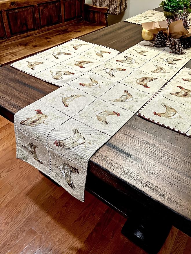 Tache Farmhouse Rooster Table Runner 90 inches Long Country Hens Chickens by TacheHomeFashion