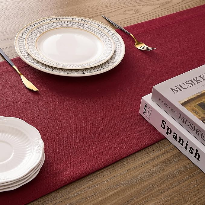 ZeeMart Linen Textured Border Table Runner, 14 x 60 Inch Red, Farmhouse Style - Image 5