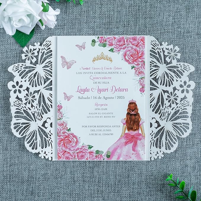 20 PCS 5.12x7.2 Butterfly Quinceanera Invitation, Laser Cut Wedding Invitation - Image 5