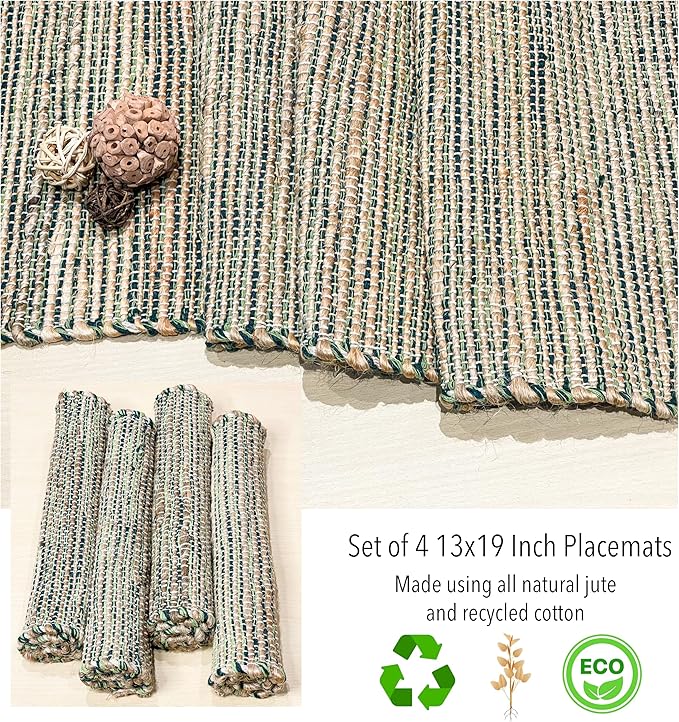 Chardin Home Natural Jute & Green Placemats, 13x19 Inch Dining Table Placemats - Image 8