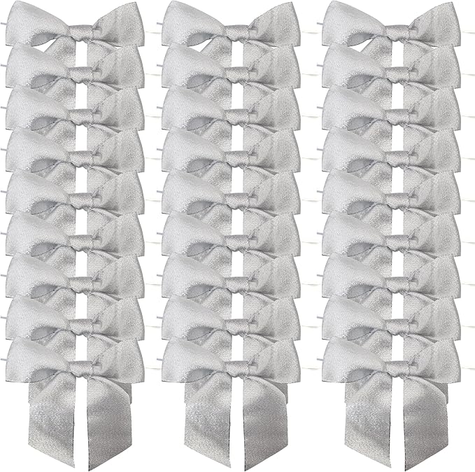 36pcs 4-1/2" Metallic Silver Glitter Ribbon Bows - Image 2