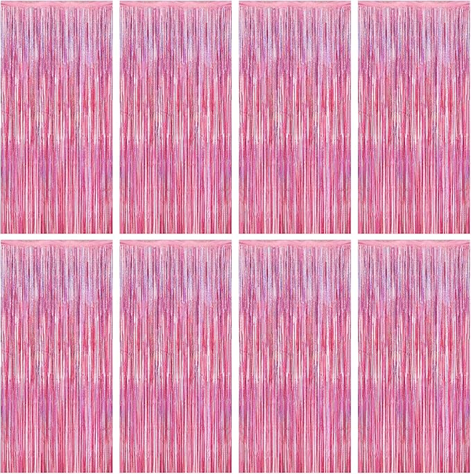 8 Pack Pink Backdrop, 3.28 FT x 7.05 FT Fringe Curtains, Metallic Glitter Pink by ZATAYE