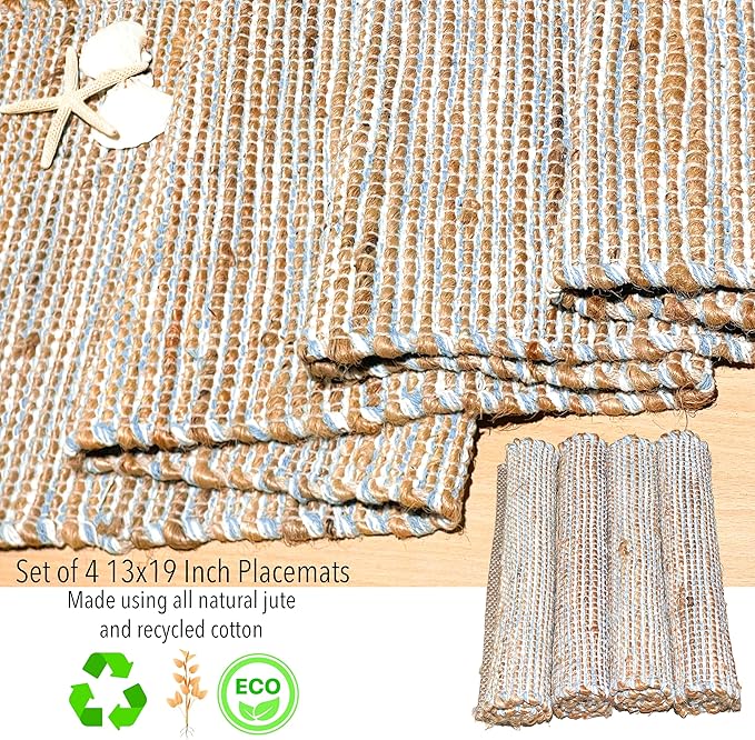 Chardin Home Natural Jute & Sky Blue-White Placemats, 13x19 in Dining Table - Image 5